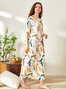SHEIN Unity Bird & Leaf Print Night Dress - Multicolor - View 4