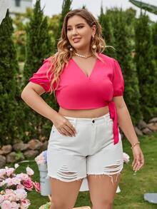 SHEIN Clasi Plus Puff Sleeve Tie Side Blouse - Hot Pink - View 4