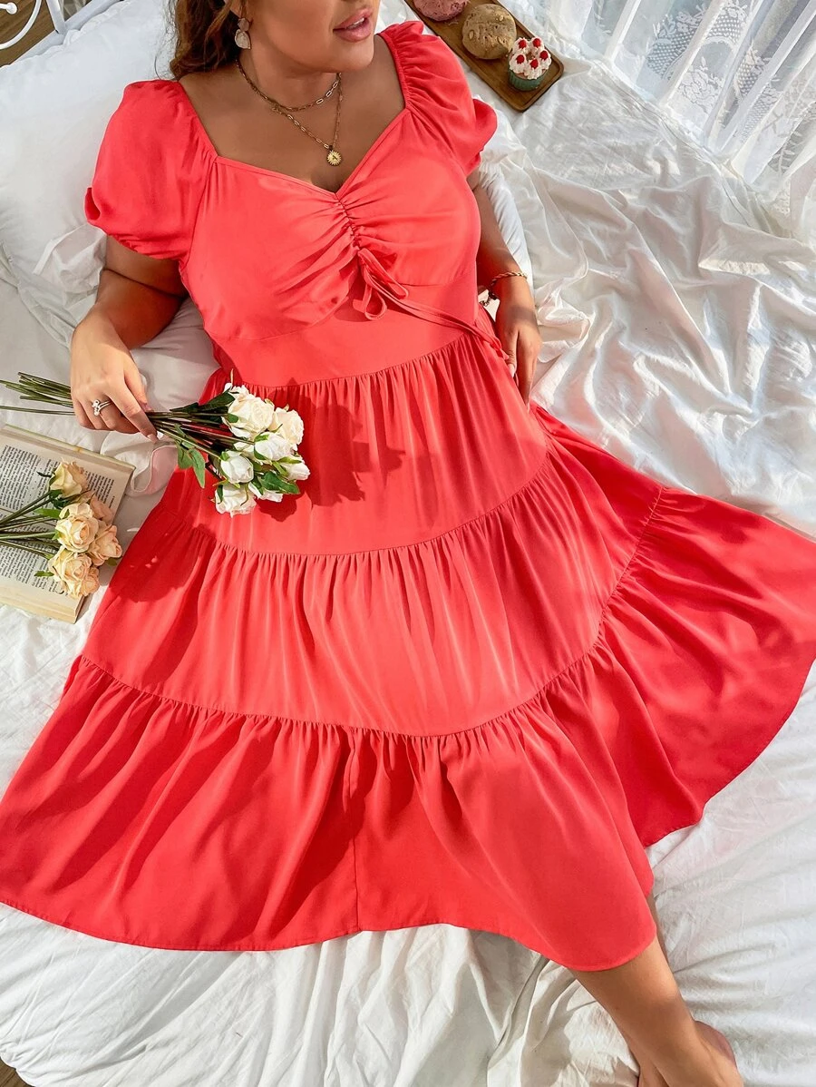 SHEIN Unity Vestido fruncido con nudo delantero de manga farol bajo con fruncido - Rojo - Ver 1