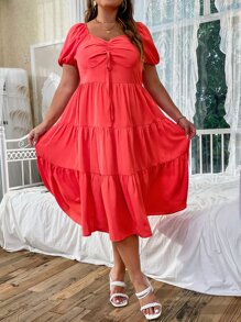 SHEIN Unity Vestido fruncido con nudo delantero de manga farol bajo con fruncido - Rojo - Ver 4