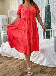 SHEIN Unity Vestido fruncido con nudo delantero de manga farol bajo con fruncido - Rojo - Ver 5