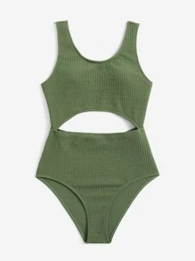 SHEIN Teen Girls Textured Cut Out One Piece Swimsuit - Green - View 4