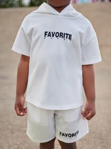 SHEIN Young Boy Letter Graphic Hooded Neck Tee & Slant Pocket Shorts - White - View 5