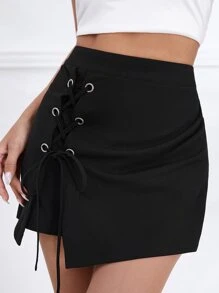 SHEIN Privé Quần đùi nữ Bất đối xứng Ren lên Dây kéo Thùa khuyết màu trơn Giải trí - màu đen - Xem 1