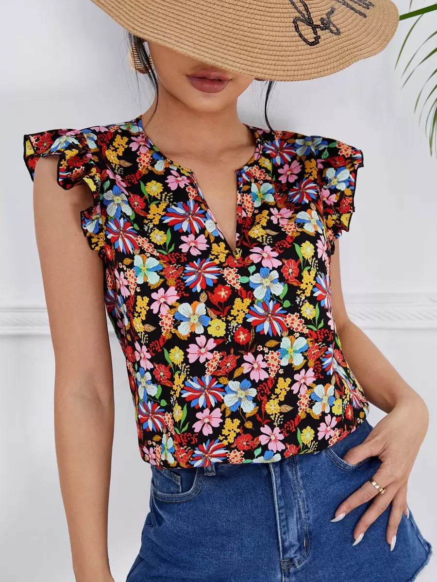 SHEIN Clasi 滿版印花蝴蝶袖襯衫 - 彩色 - 查看 1