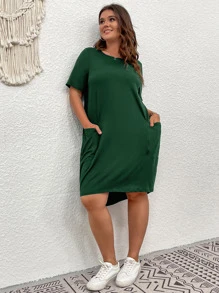 SHEIN LUNE Vestido estilo camiseta con parche de bolsillo - Verde Oscuro - Ver 4