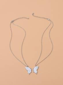 2入組蝴蝶吊墜項鍊 - 銀色 - 查看 2