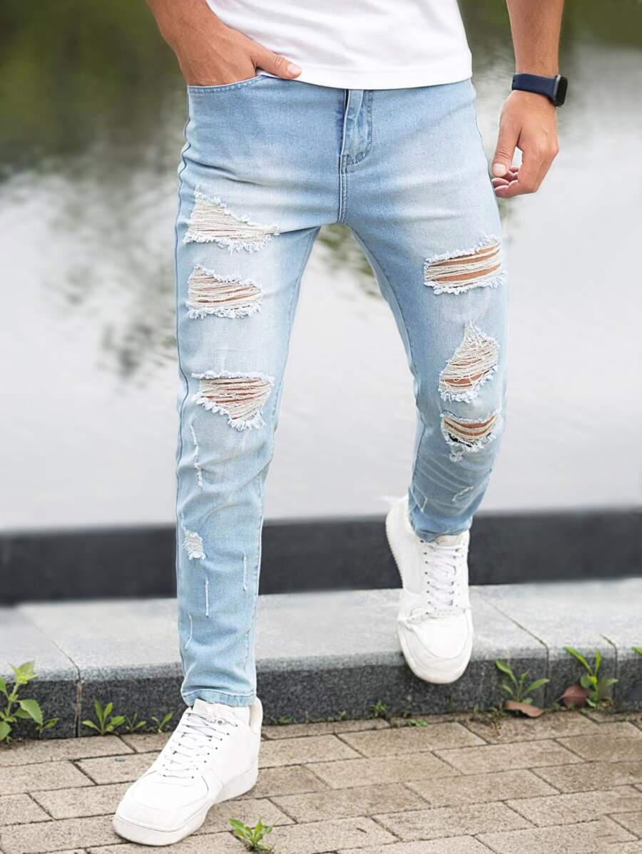 Manfinity Homme 男士破洞抽鬚斜口袋緊身牛仔褲 - 淺色水洗藍 - 查看 1