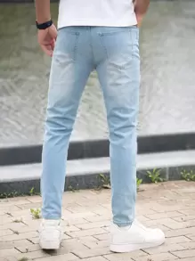 Manfinity Homme 男士破洞抽鬚斜口袋緊身牛仔褲 - 淺色水洗藍 - 查看 2