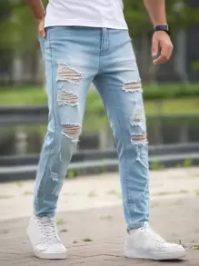 Manfinity Homme 男士破洞抽鬚斜口袋緊身牛仔褲 - 淺色水洗藍 - 查看 5