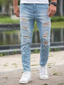 Manfinity Homme 男士破洞抽鬚斜口袋緊身牛仔褲 - 淺色水洗藍 - 查看 6