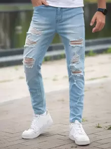 Manfinity Homme 男士破洞抽鬚斜口袋緊身牛仔褲 - 淺色水洗藍 - 查看 7