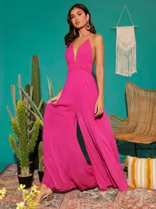 Travachic Jumpsuit halter con fleco de espalda abierta con cordón bajo con fruncido - Rosa Fucsia - Ver 5
