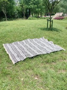 1pc Bohemian Black And White Woven Geometric Pattern Picnic Mat, Suitable For Outdoor Picnics And Gatherings, Decorative Mat - Black and White - View 1