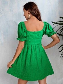 SHEIN VCAY Drawstring Front Puff Sleeve A-line Dress