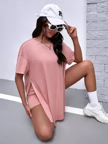 SHEIN Maternity Drop Shoulder Split Hem Tee & Shorts - Dusty Pink - View 1