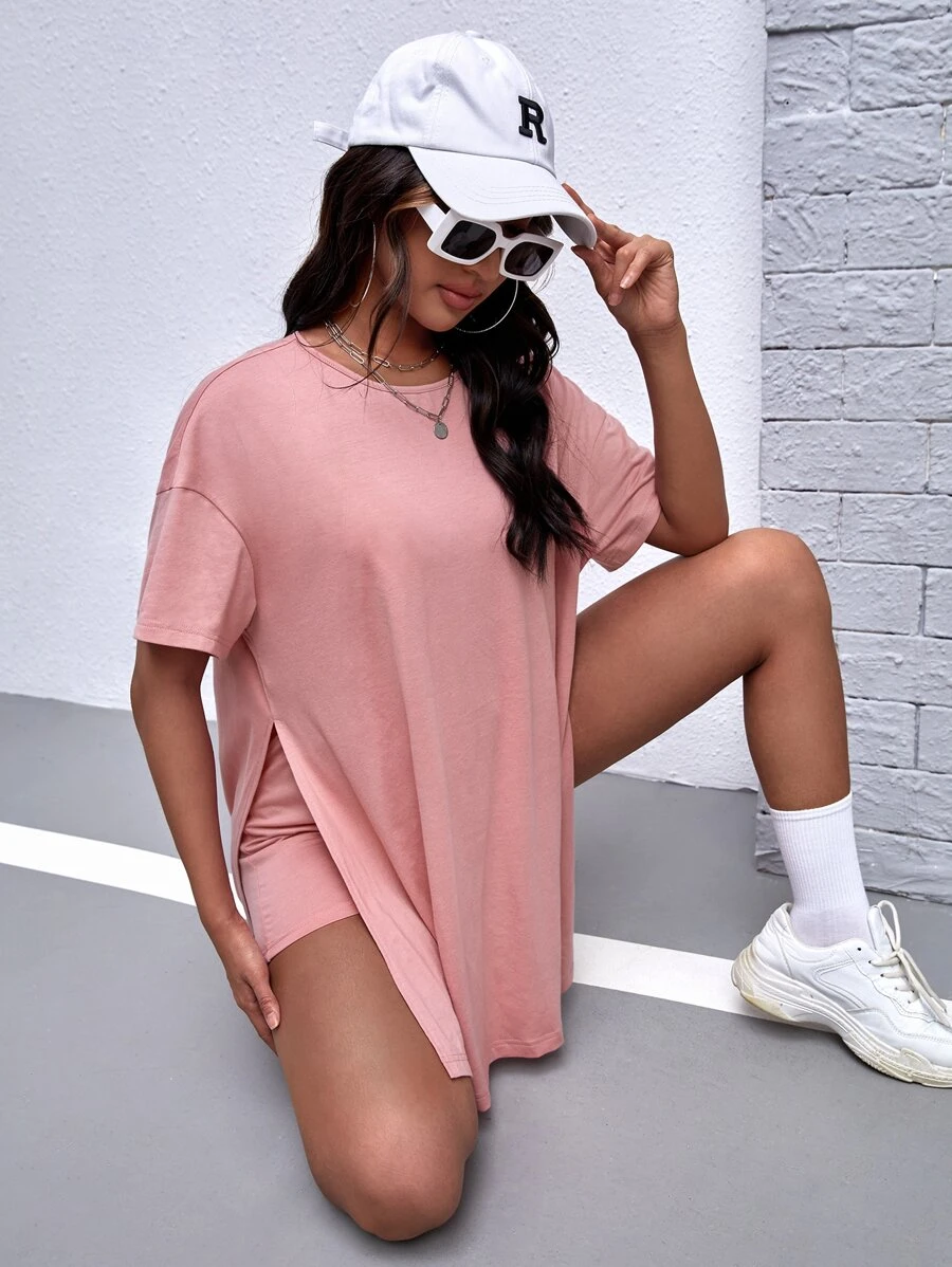 SHEIN Maternity Drop Shoulder Split Hem Tee & Shorts - Dusty Pink - View 1