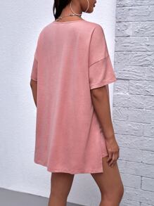 SHEIN Maternity Drop Shoulder Split Hem Tee & Shorts - Dusty Pink - View 2