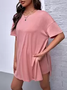 SHEIN Maternity Drop Shoulder Split Hem Tee & Shorts - Dusty Pink - View 4