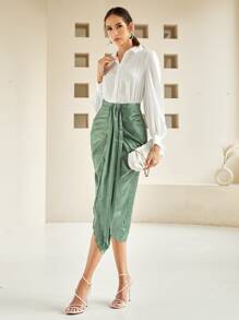 Modelyn 斑點圖案提花垂墜褶邊不對稱下擺半身裙 - 青檸色 - 查看 5