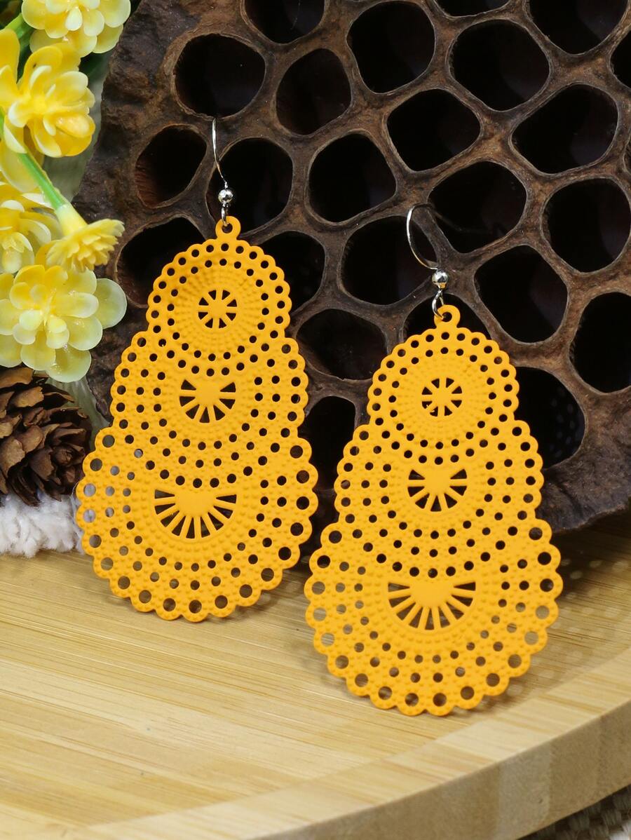 1對波西米亞風格度假橙黃色噴漆幾何設計鏤空女式耳環適合日常生活、工作、舞台表演、街頭攝影裝飾 - 橘色 - 查看 1