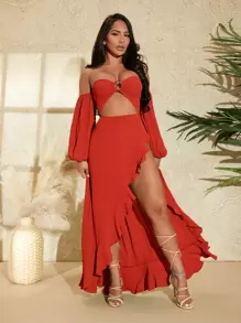 SHEIN SXY 一字肩燈籠袖鏤空O形環細節不對稱下擺連衣裙 - 紅色 - 查看 4