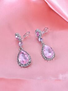 Rhinestone Water Drop Decor Clip On Earrings - Pink - View 2