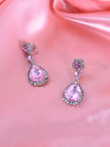 Rhinestone Water Drop Decor Clip On Earrings - Pink - View 4