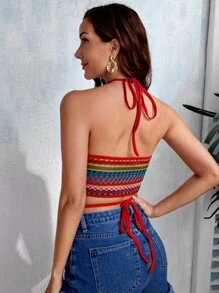 SHEIN VCAY Áo hai dây Lộ Lưng Buộc lại Khối Màu Boho - Nhiều màu - Xem 2
