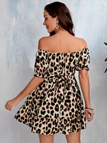 Vestido con estampado de leopardo de hombros descubiertos con cordón trasero bajo con fruncido - Multicolor - Ver 3