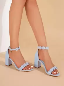 Women's Pearl Flower Chain Decor Open Toe Adjustable Ankle Strap Chunky Heel Sandals, Sweet Style, Blue Leather, 5cm Heel, Wedding, Date - Blue - View 1