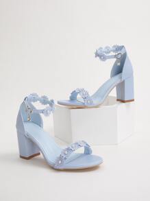 Women's Pearl Flower Chain Decor Open Toe Adjustable Ankle Strap Chunky Heel Sandals, Sweet Style, Blue Leather, 5cm Heel, Wedding, Date - Blue - View 2