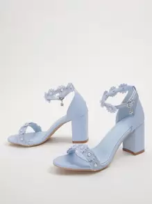 Women's Pearl Flower Chain Decor Open Toe Adjustable Ankle Strap Chunky Heel Sandals, Sweet Style, Blue Leather, 5cm Heel, Wedding, Date - Blue - View 5