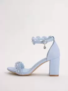 Women's Pearl Flower Chain Decor Open Toe Adjustable Ankle Strap Chunky Heel Sandals, Sweet Style, Blue Leather, 5cm Heel, Wedding, Date - Blue - View 6