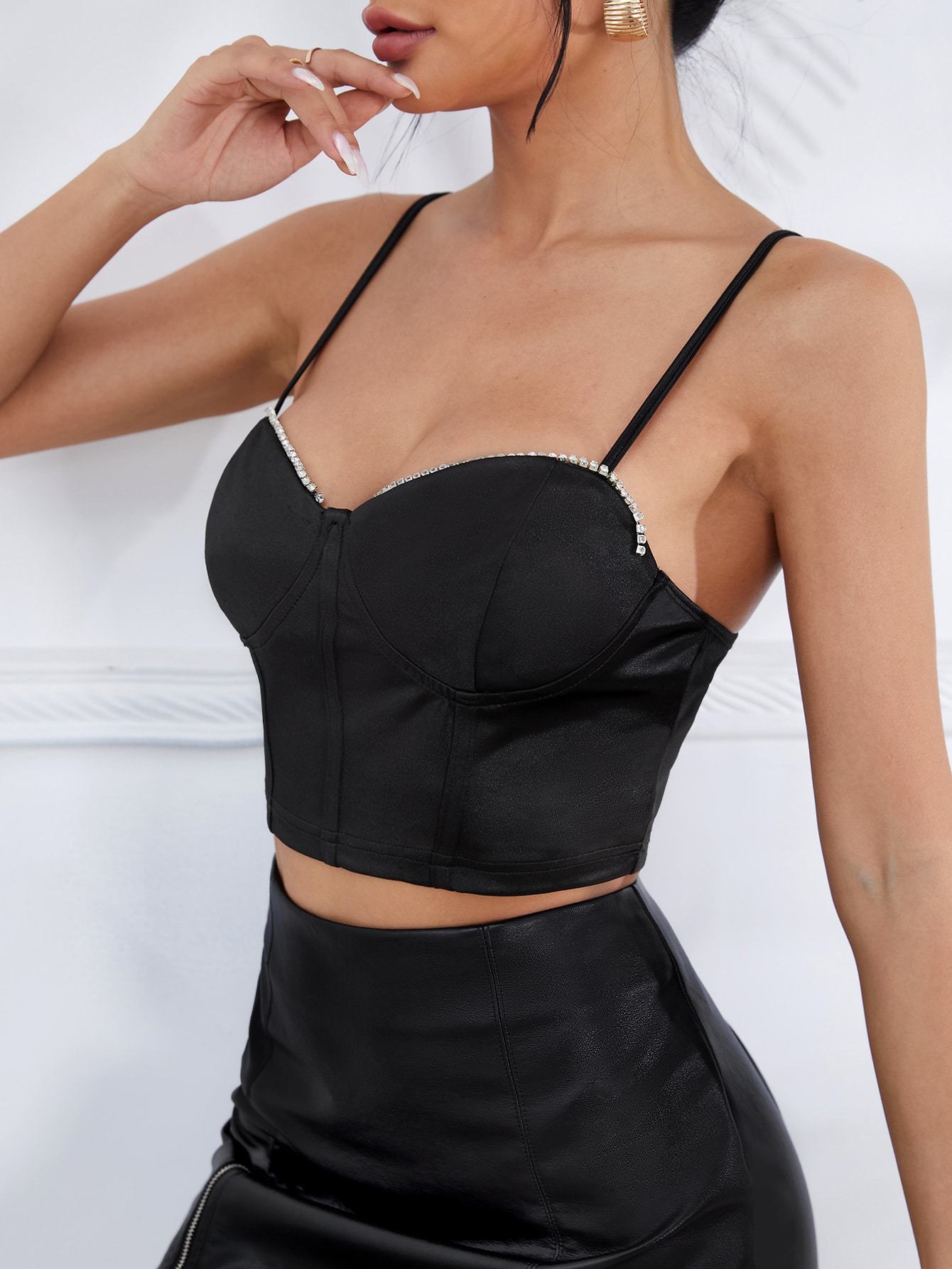 SHEIN Rhinestone Detail Bustier Crop Satin Cami Top SHEIN UK