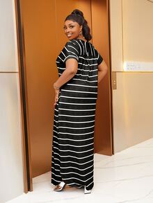 Plus Striped Hidden Pocket Split Hem Maxi Tee Dress - Black - View 2