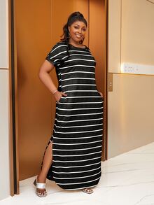 Plus Striped Hidden Pocket Split Hem Maxi Tee Dress - Black - View 4
