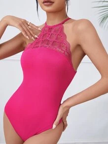 SHEIN Body halter con encaje en contraste de espalda con abertura de ojo - Rosa Fucsia - Ver 1
