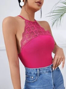 SHEIN Body halter con encaje en contraste de espalda con abertura de ojo - Rosa Fucsia - Ver 3