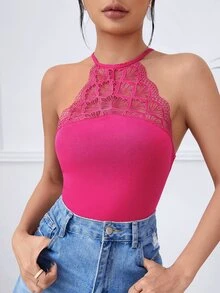 SHEIN Body halter con encaje en contraste de espalda con abertura de ojo - Rosa Fucsia - Ver 4