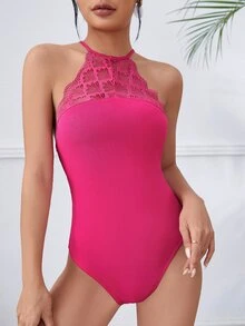 SHEIN Body halter con encaje en contraste de espalda con abertura de ojo - Rosa Fucsia - Ver 5