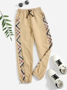 SHEIN 男孩格紋撞色滾邊腰部抽繩長褲 - 卡其色 - 查看 1