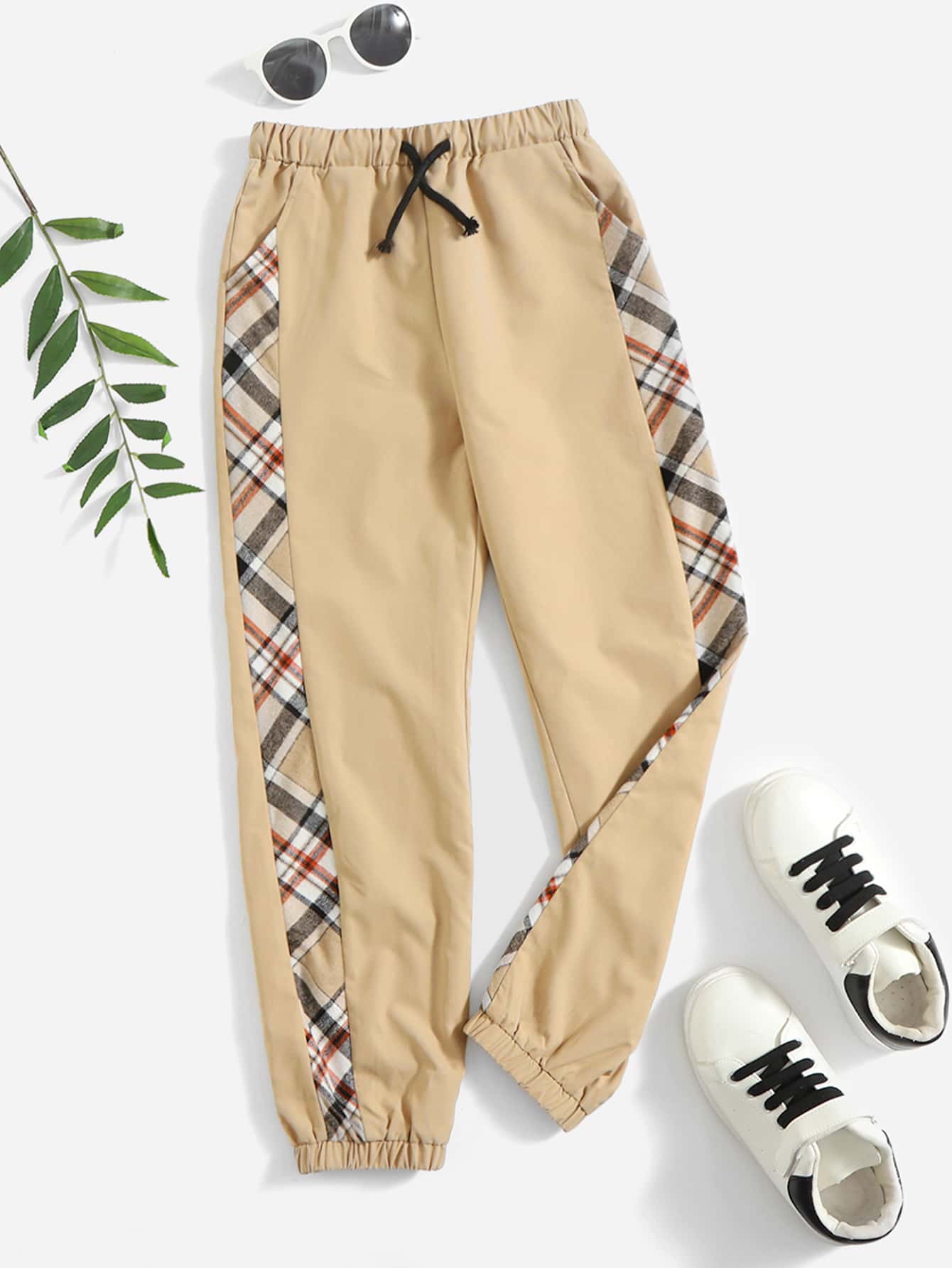 SHEIN 男孩格紋撞色滾邊腰部抽繩長褲 - 卡其色 - 查看 1