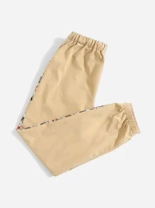 SHEIN 男孩格紋撞色滾邊腰部抽繩長褲 - 卡其色 - 查看 2