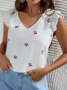 SHEIN Frenchy Blusa con bordado de cereza de manga con volante - Blanco - Ver 1
