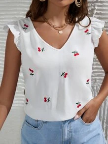 SHEIN Frenchy Blusa con bordado de cereza de manga con volante - Blanco - Ver 2