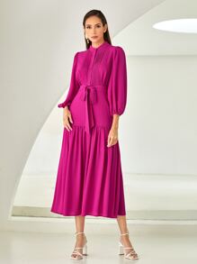 Modelyn 按折痕燈籠袖荷葉邊繫腰帶連衣裙 - 中紫紅色 - 查看 5