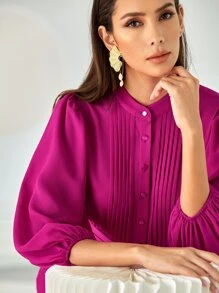 Modelyn 按折痕燈籠袖荷葉邊繫腰帶連衣裙 - 中紫紅色 - 查看 6