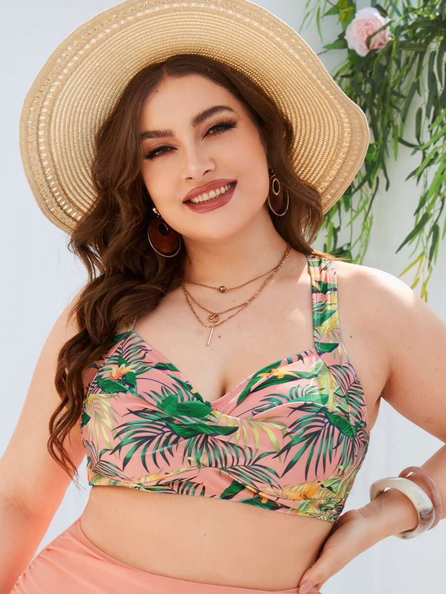 Plus Tropical Print Wrap Cross Racer Back Bikini Top - Multicolor - View 1