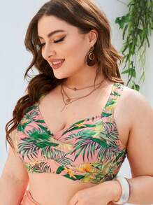 Plus Tropical Print Wrap Cross Racer Back Bikini Top - Multicolor - View 3